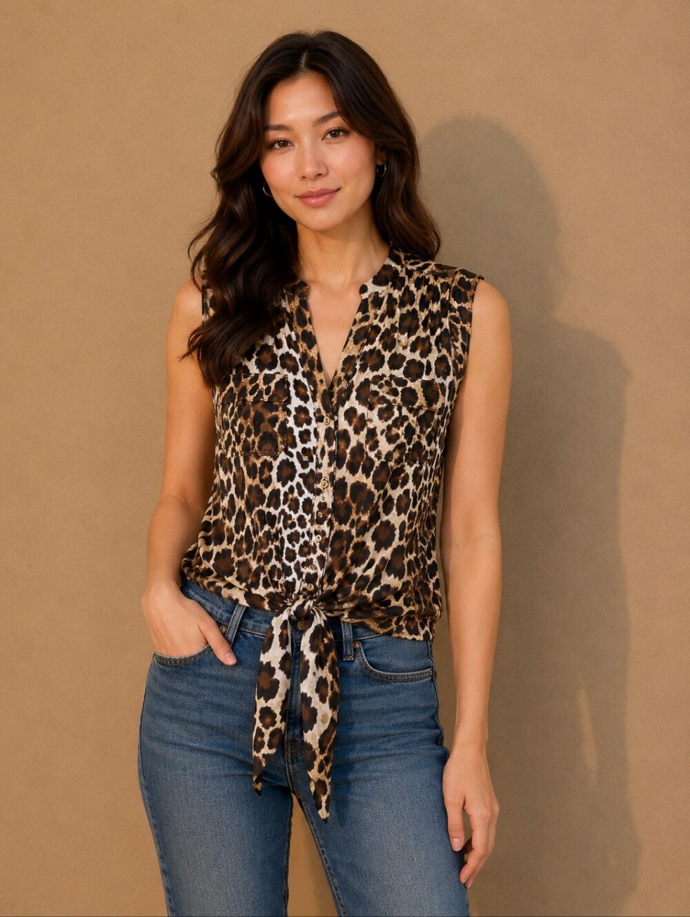 Cache Y2K Leopard Print Tie-Front Sleeveless Tank in Brown and Black Small